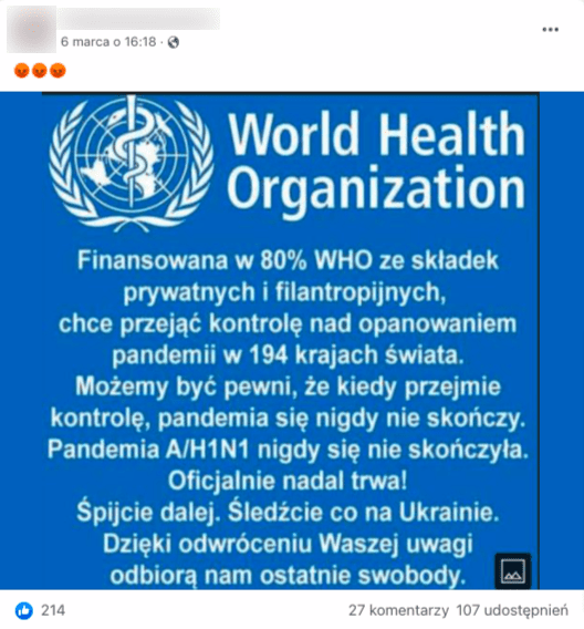 Wpis na Facebooku zawierający grafikę informującą o tym, że pandemia grypy A/H1N1 nigdy się nie zakończyła, a WHO planuje kontrolę nad zwalczeniem pandemii w 194 krajach na świecie