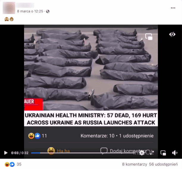 Wideo na Facebooku mające przedstawiać rzekome ofiary wojny w Ukrainie. w Kadrze widzimy rząd ciał leżących pod czarnymi foliami 