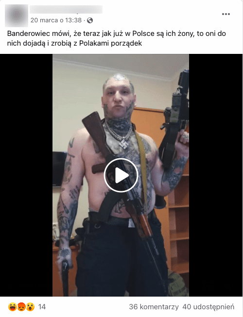 Post na Facebooku zawierający nagranie rzekomego banderowca. W kadrze widzimy łysego mężczyznę bez koszulki, pokrytego tatuażami. Na szyi ma zawieszony łańcuch ze swastyką. W dłoniach trzyma pistolet i karabin. Przez ramię ma przewieszony kolejny karabin