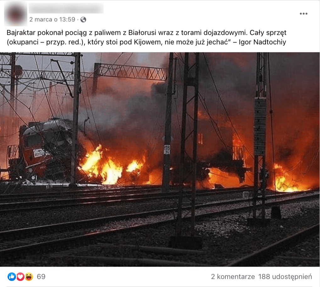 Zrzut ekranu z Facebooka. Do postu dołączono zdjęcie, na którym widzimy trakcję kolejową i pociąg w płomieniach.