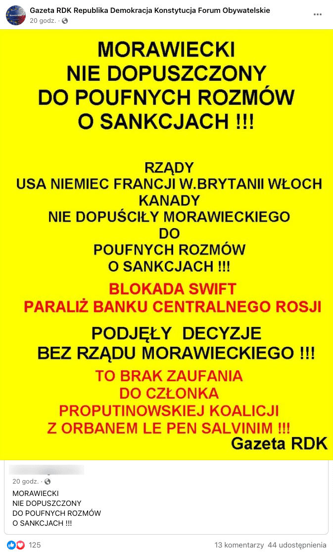 Zrzut ekranu z Facebooka. W poście czytamy m.in.: „Morawiecki nie dopuszczony do poufnych rozmów o sankcjach”.