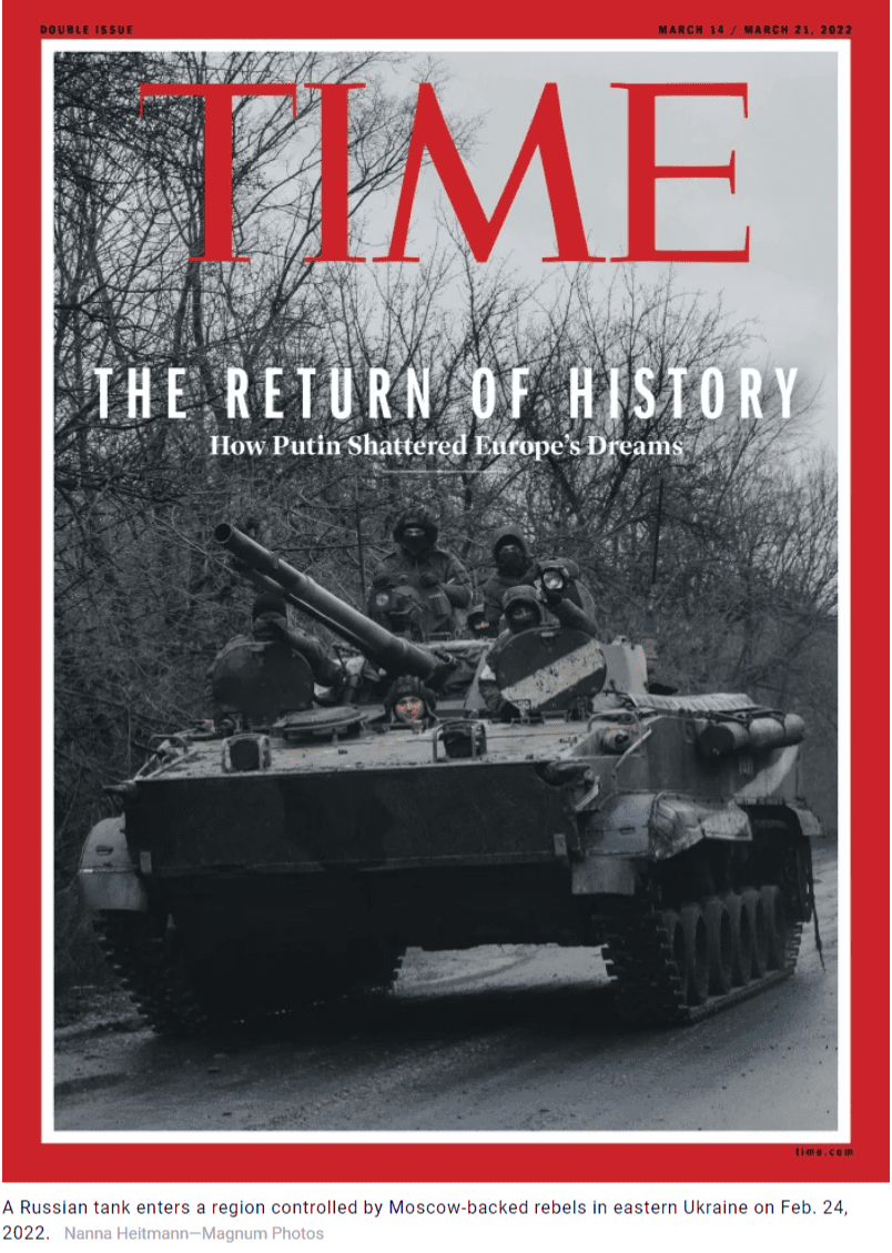 Zrzut ze strony magazynu „Time”, na której znajduje się okładka z 24 lutego 2022 roku. Na okładce umieszczono czołg z czołgistami siedzącymi na jego powierzchni.