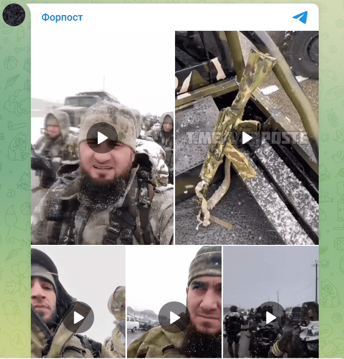 Zrzut ekranu wpisu na Telegramie, do którego dołączono kilka nagrań z czeczeńskimi żołnierzami.