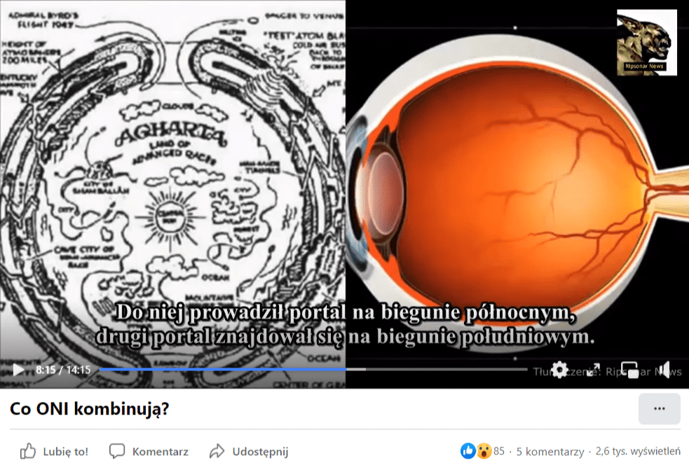 Zrzut ekranu filmu zamieszczonego na Facebooku. Na zatrzymanym ujęciu widać porównanie modelu pustej Ziemi do budowy ludzkiego oka. 