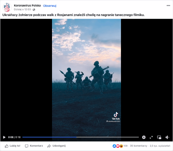 Post na Facebooku zawierający nagranie tańczących żołnierzy. W kadrze widać 5 wojskowych ubranych w mundury trzymających broń w taki sposób, jakby były to instrumenty muzyczne. Wszyscy stoją na polu późną porą