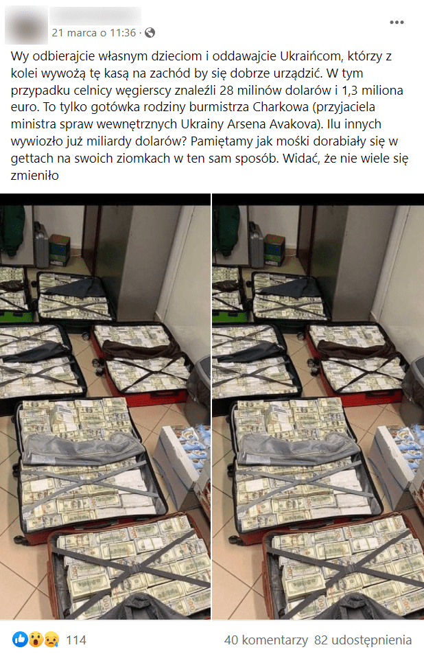 Zrzut ekranu wpisu na Facebooku, w którym pokazano sześć walizek wypełnionych pieniędzmi, w tym dolarami i euro. Na wpis zareagowało ponad 100 osób, a ponad 80 udostępniło go dalej.