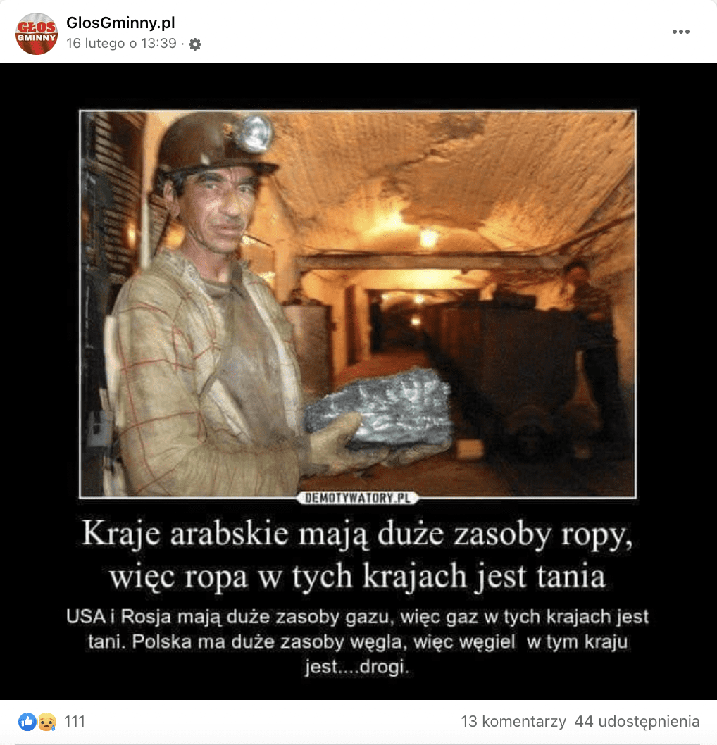 Zrzut ekranu z Facebooku. Na grafice widzimy górnika w kopalni, który trzyma bryłę węgla