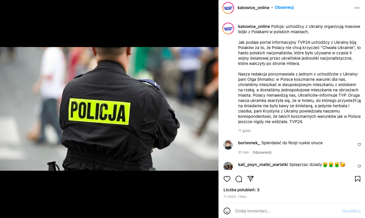 Post na Instagramie zawierający doniesienia o rzekomych bójkach wszczynanych przez Ukraińców. Na zdjęciu widzimy plecy policjanta ubranego w czarną kurtkę z czarnym napisem "Policja" na fosforyzującym, żółtym tle 