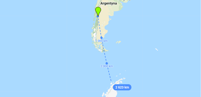 Zrzut ekranu przedstawiający odległość, jaką musiałby pokonać Barack Obama w celu dotarcia z Argentyny na Antarktydę.