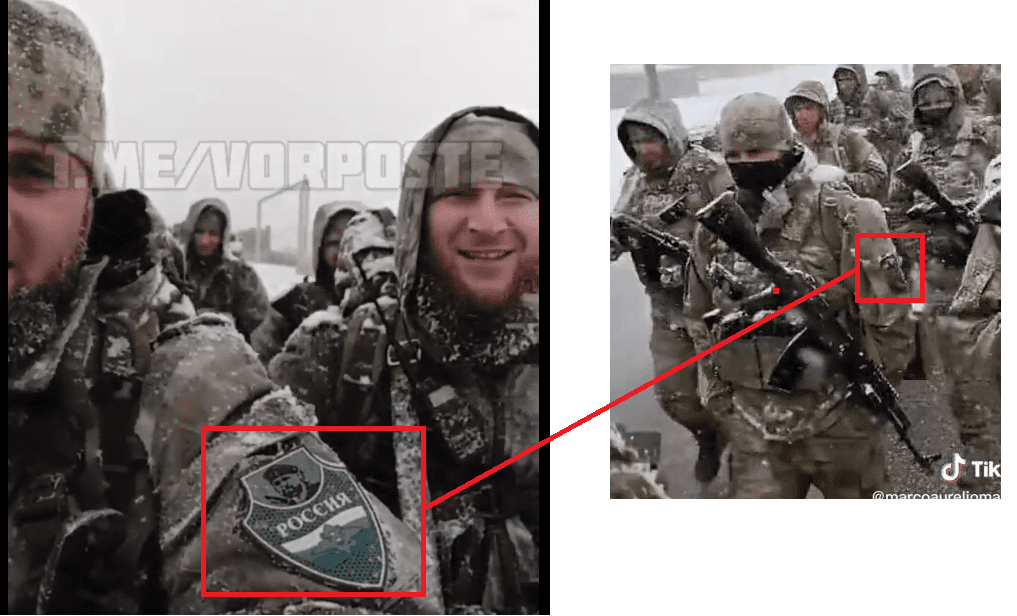 Porównanie klatek z dwóch filmów. Na obu widać żołnierzy z tym samym oznakowaniem.