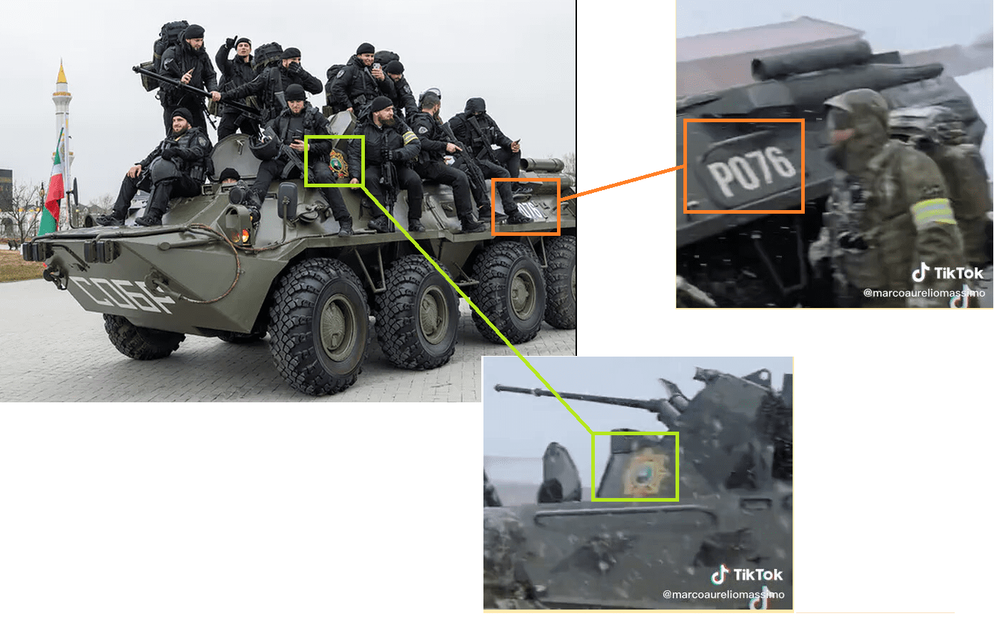 Porównanie trzech obrazów z transporterem wojskowym. Ustalenie tego, że pojazd należy do Czeczenów umożliwia numer P076 oraz oznaka Ramzana Kadyrowa.