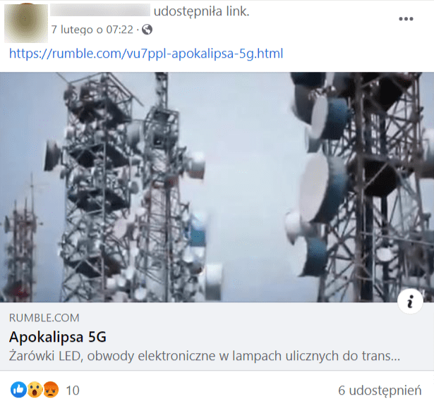 Zrzut ekranu wpisu na Facebooku, do którego dołączono link do filmu na temat 5G. Nagranie zostało opatrzone okładką z czterema antenami rozporządzającymi sygnał radiowy.