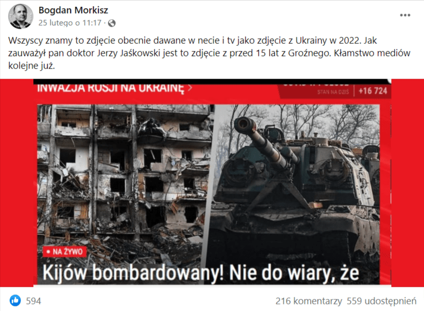 Screenshot of a Facebook post suggesting that photos from the war in Ukraine were in fact taken much earlier to deceive audiences of the largest media outlets. However, the photos presented really do depict the current conflict, an information that the author of the post has not checked or tried to verify in any way.