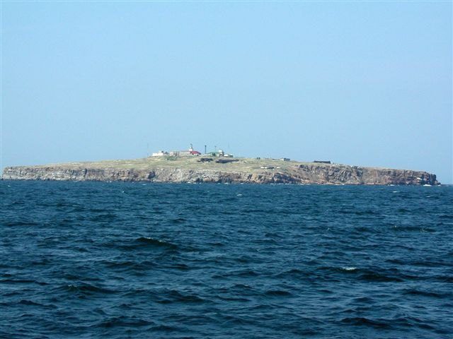 Zdjęcie przedstawiające Wyspę Węży z oddali. Na środku wyspy widocznych jest kilka niewielkich budynków i latarnia morska.