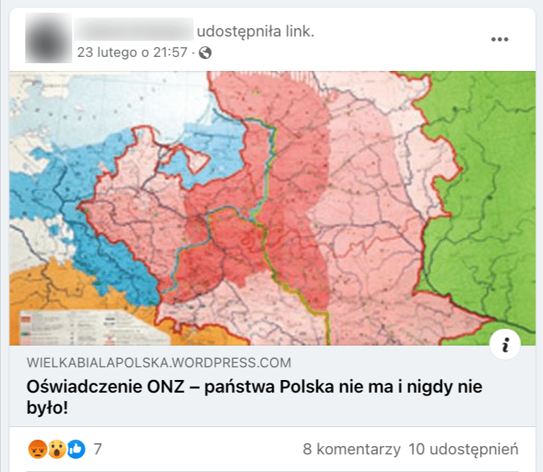 Zrzut ekranu z Facebooka. Do postu dołączono link do tekstu opublikowanego w serwisie wielkabialapolska.wordpress.com oraz mapę Europy Środkowej.