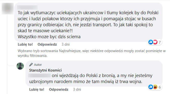 Zrzut ekranu z sekcji komentarzy na Facebooku, gdzie przekonywano, że uzbrojeni ludzie wjeżdżają na teren Polski, by doprowadzić do jej upadku.