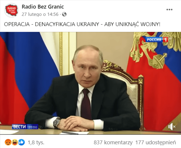Zrzut ekranu wpisu na Facebooku, do którego dołączono wpis z wystąpieniem Władimira Putina.