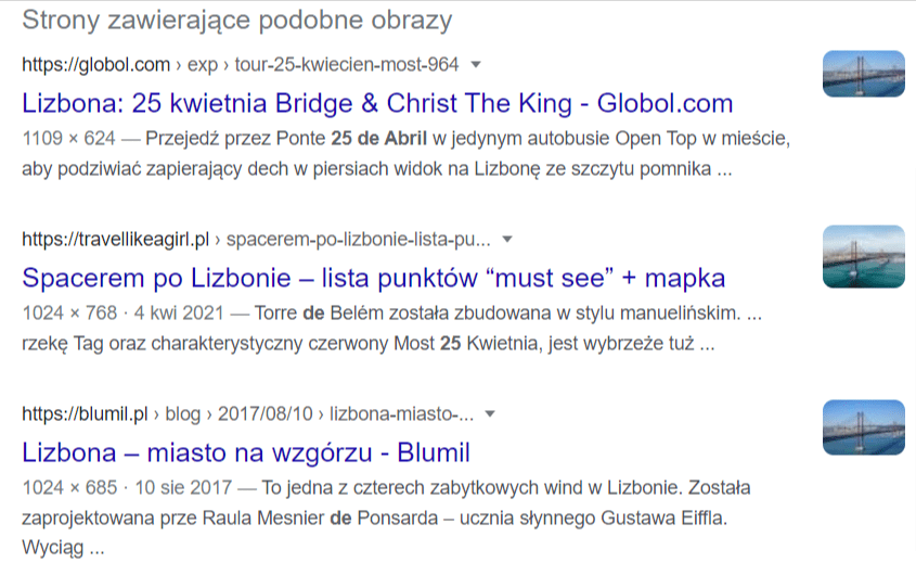 Wyniki wyszukiwania przy użyciu wstecznego wyszukiwania, które wskazują, na to, że zdjęcie przedstawia most w Lizbonie.