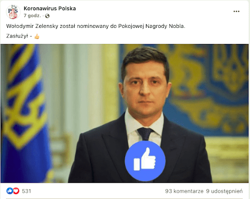 Post na Facebooku zawierający plotkę o przyznaniu nominacji prezydentowi Ukrainy. Na zdjęciu widzimy Wołodymyra Zełeńskiego ubranego w garnitur. Na środku prezydenta Ukrainy umieszczona została ikonka dłoni z uniesionym kciukiem