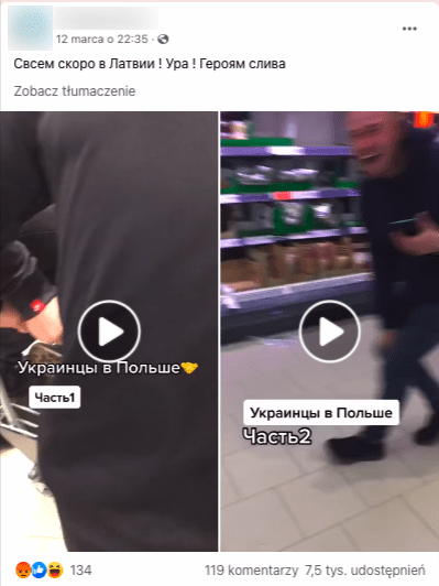 Post na Facebooku przedstawiający dwa nagrania ze sklepu spożywczego w Polsce 