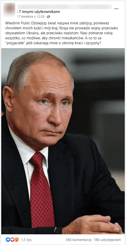 Zrzut ekranu omawianego posta. Zobrazowano go zdjęciem Władimira Putina z poważną miną.
