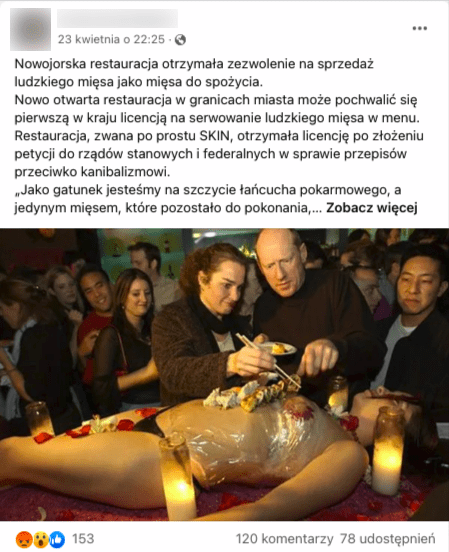 Wpis na Facebooku dotyczący otwarcia restauracji serwującej ludzkie mięso. Na zdjęciu widzimy leżącą na stole nagą kobietę, przykrytą sushi. Nad nią stoją kobieta i mężczyzna, którzy nabierają jedzenie pałeczkami na swoje talerze. W tle widać pozostałych gości restauracji 