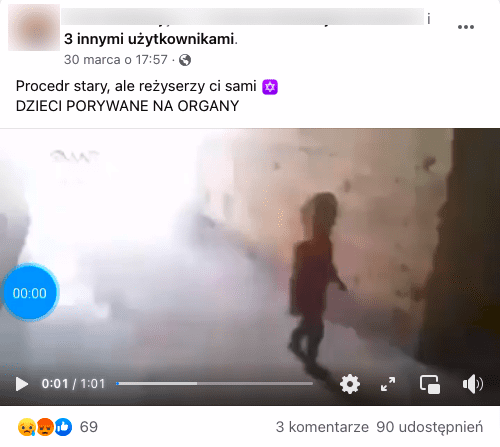 Wpis na Facebooku zawierający wideo prezentujące rzekomo proceder porywania dzieci na organy. W kadrze widzimy niewyraźną postać stojącą na tle betonowej ściany 