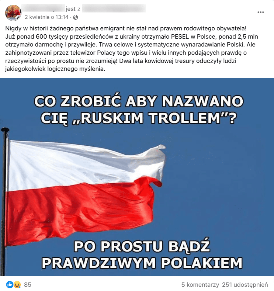 Zrzut ekranu z Facebooka. Do wpisu dołączono zdjęcie, na którym widzimy flagę Polski. Na grafice czytamy: „Co zrobić aby nazwano Cię ruskim trollem. Bądź prawdziwym Polakiem”. 