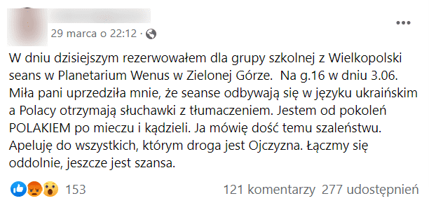 Zrzut ekranu wpisu na Facebooku, w którym przekonywano, że polskie dzieci są dyskryminowane w zielonogórskim planetarium. Na wpis zareagowało ponad 120 osób, a ponad 200 udostępniło go na swoich tablicach.