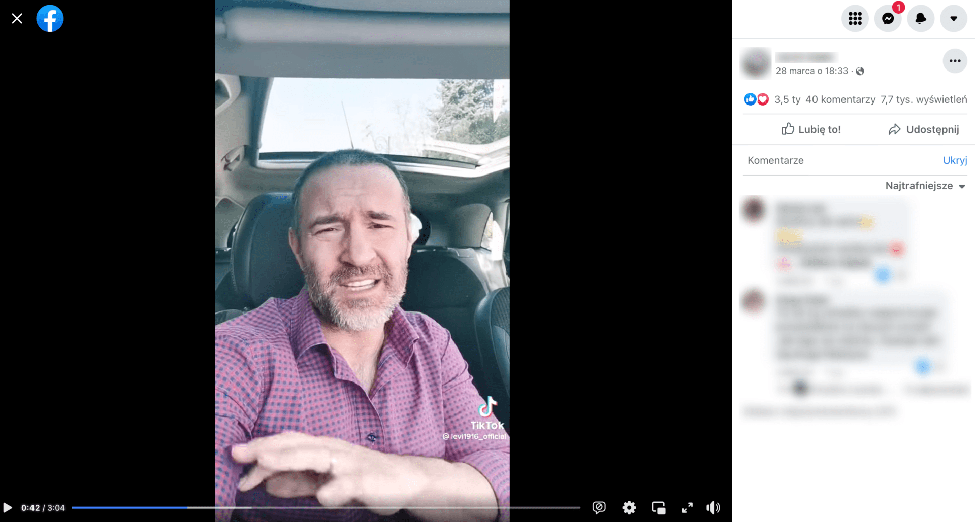 Zrzut ekranu z postu na Facebooku. Na nagraniu widoczny jest mężczyzna w samochodzie. Obok filmu widoczna jest liczba reakcji użytkowników: 3,5 tys. polubień, 40 komentarzy, 7,3 tys. wyświetleń.