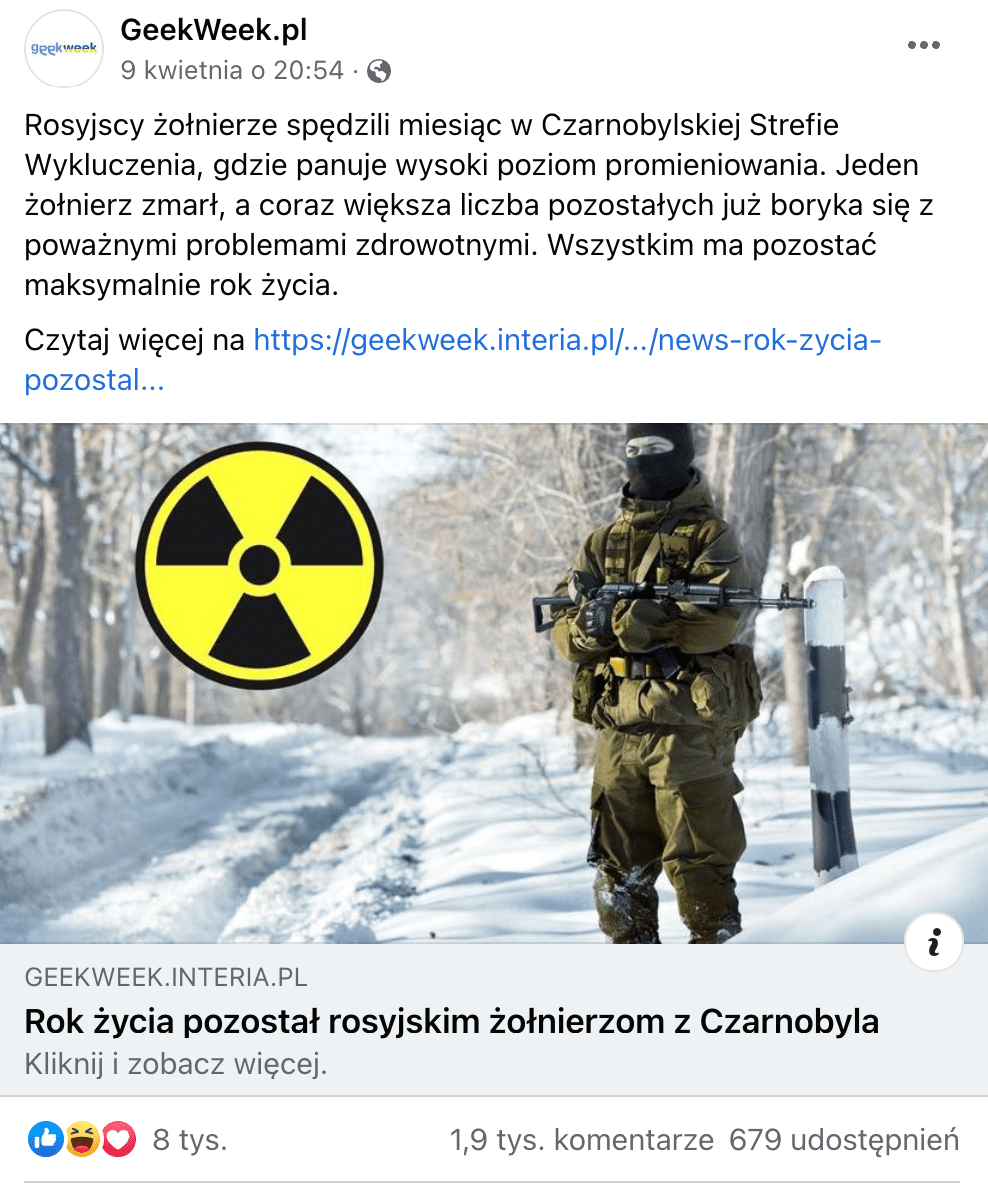 Zrzut ekranu z posta na Facebooku, w którym udostępniono artykuł z portalu geekweek.interia.pl. Widoczna jest liczba reakcji na post: 8 tys. polubień, 1,9 tys. komentarzy, 679 udostępnień.