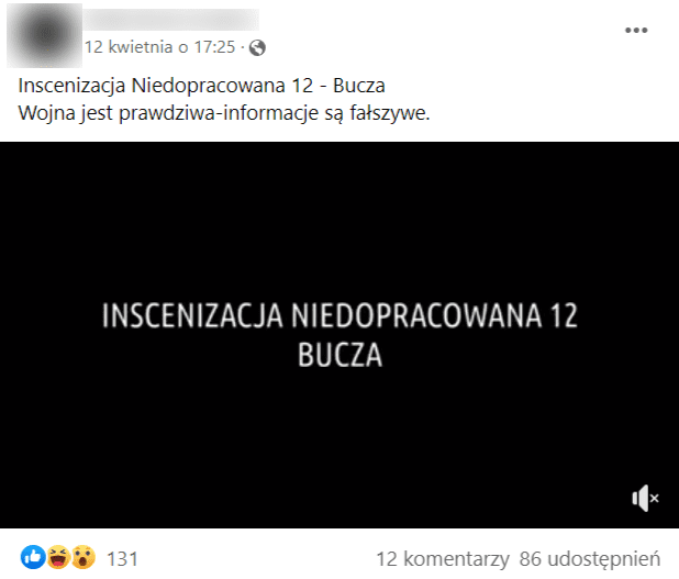 Zrzut ekranu wpisu na Facebooku wraz z tytułem filmu: “Inscenizacja niedopracowana 12 Bucza”. Na wpis zareagowało ponad 130 osób, a ponad 85 udostępniło go na swoich tablicach.
