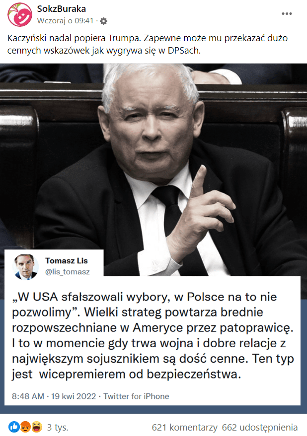 Zrzut ekranu wpisu na Facebooku, w którym zamieszczono zdjęcie Jarosława Kaczyńskiego z jego rzekomą wypowiedzią, brzmiącą: "W USA sfałszowali wybory, w Polsce na to nie pozwolimy". 