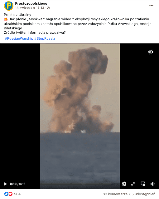 Post na Facebooku zawierający wideo rzekomo przedstawiające atak rakietowy na krążownik „Moskwa” 