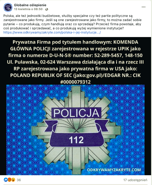 Wpis na Facebooku zawierający grafikę przedstawiającą policyjną odznakę z numerem 112, umieszczoną na niebieskim tle.