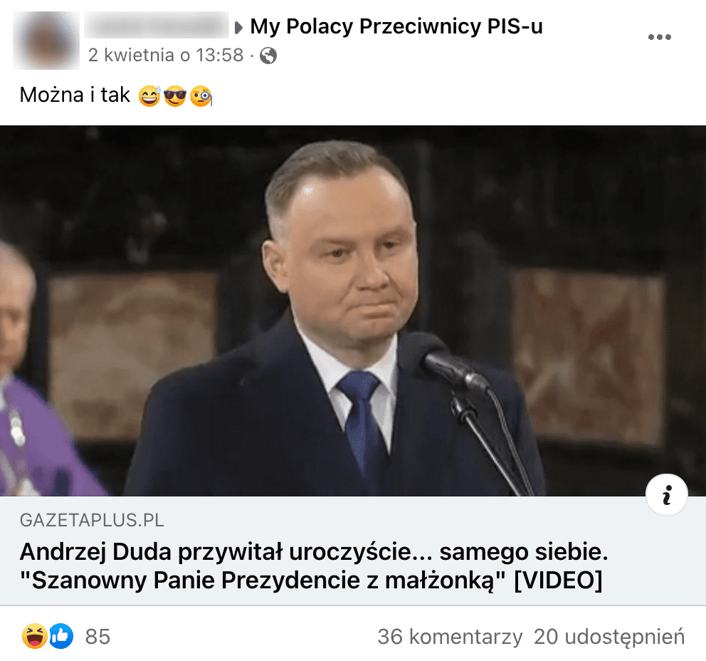 Zrzut ekranu przedstawiający post na facebookowej grupie My Polacy Przeciwnicy PIS-u, do którego dołączono nagranie z Andrzejem Dudą.