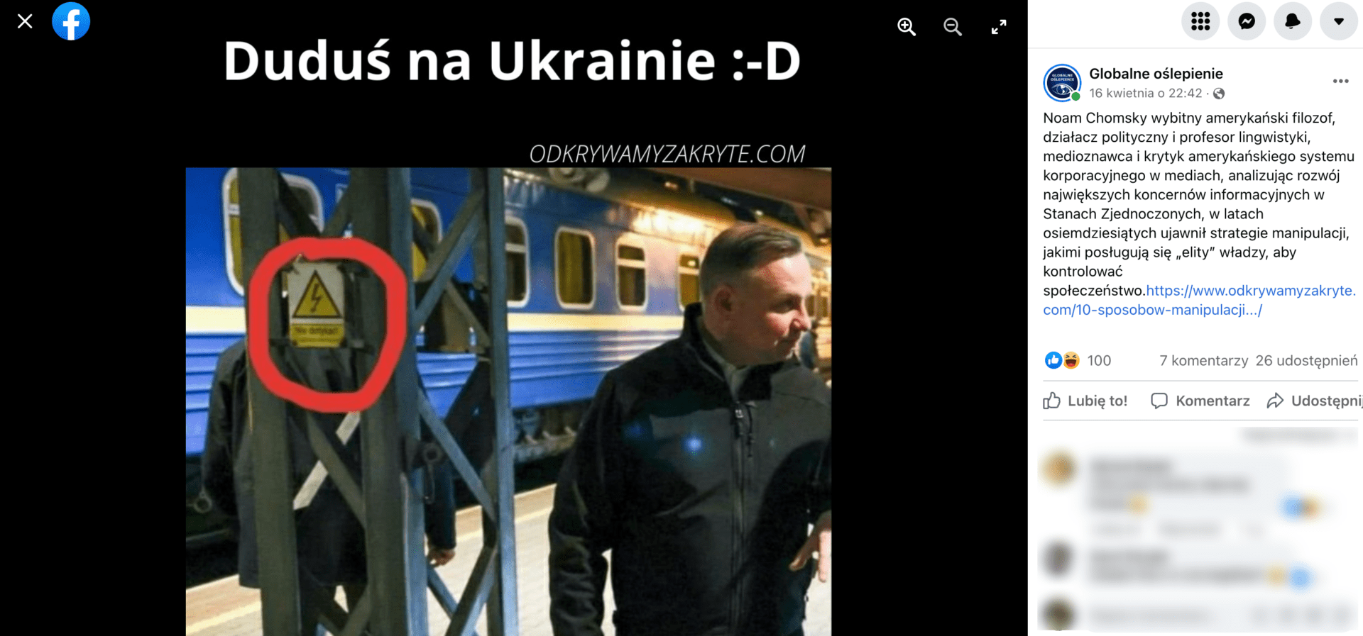 Zrzut ekranu przedstawiający post na Facebooku. Na zdjęciu widoczny jest Andrzej Duda na dworcu kolejowym. Wpis zdobył 100 polubień, 7 komentarzy i 26 udostępnień.