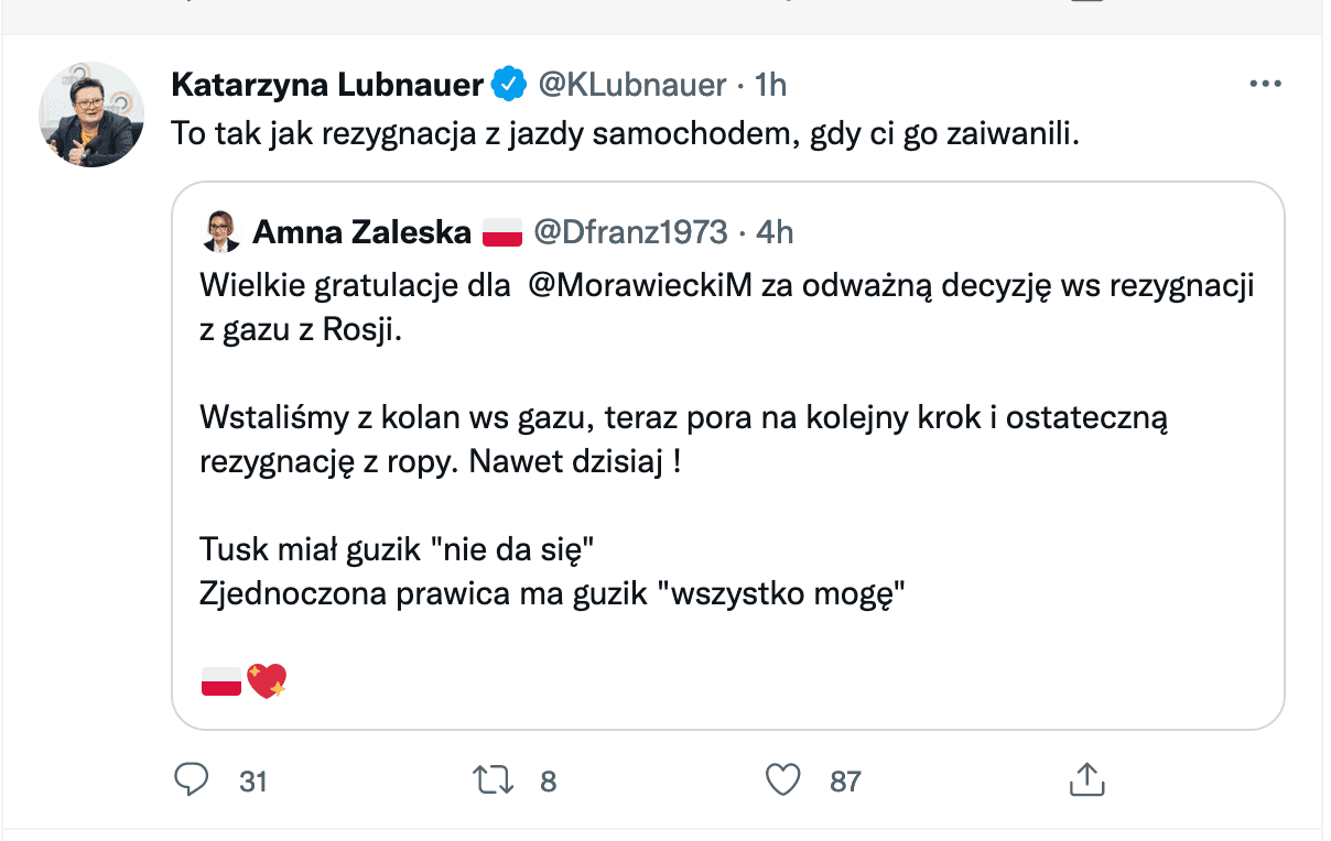 Zrzut ekranu wpisu zamieszczonego przez Katarzynę Lubnauer na Twitterze. Napisała w nim, że: :to tak jak rezygnacja z jazdy samochodem, gdy ci go zaiwanili.