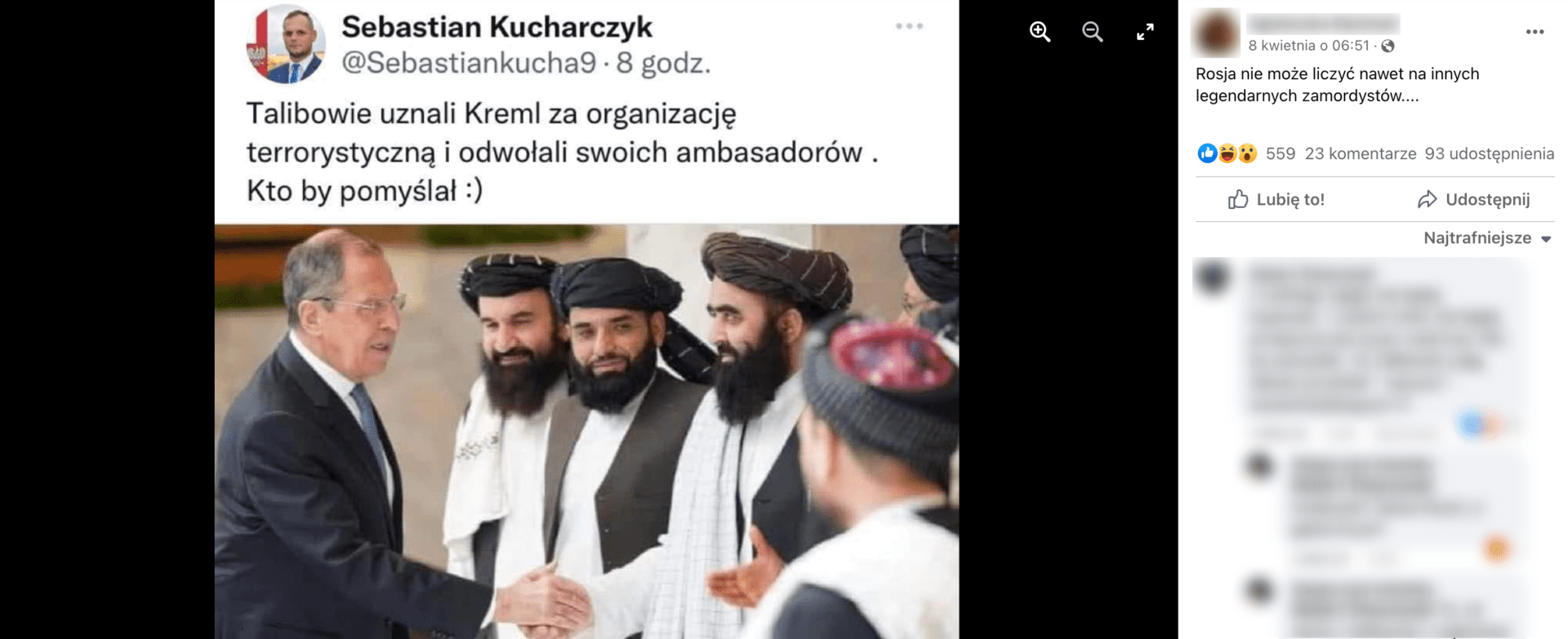 Zrzut ekranu przedstawiający wpis na Facebooku, w którym stwierdzono, że talibowie uznali Kreml za organizację terrorystyczną. Widoczna jest liczba reakcji na post: 559 polubień, 23 komentarze, 93 udostępnienia.
