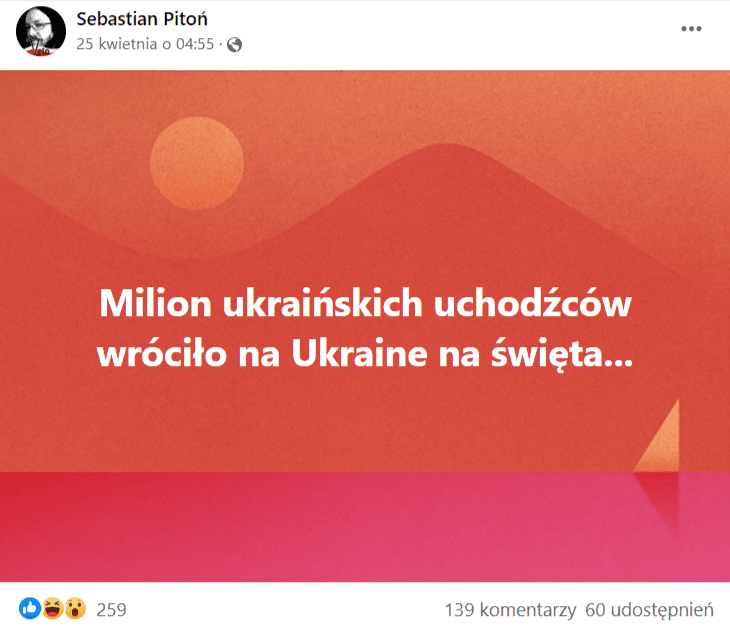 Facebookowy wpis Sebastiana Pitonia, w którym napisał, że “milion ukraińskich uchodźców na Ukrainę na święta”. Na wpis zareagowało ponad 250 osób, a 60 udostępniło go na swoich tablicach.