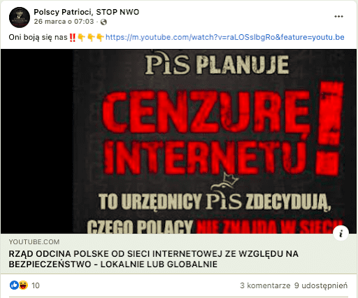 Wpis na Facebooku zawierający link do filmu o rzekomej cenzurze polskiego internetu