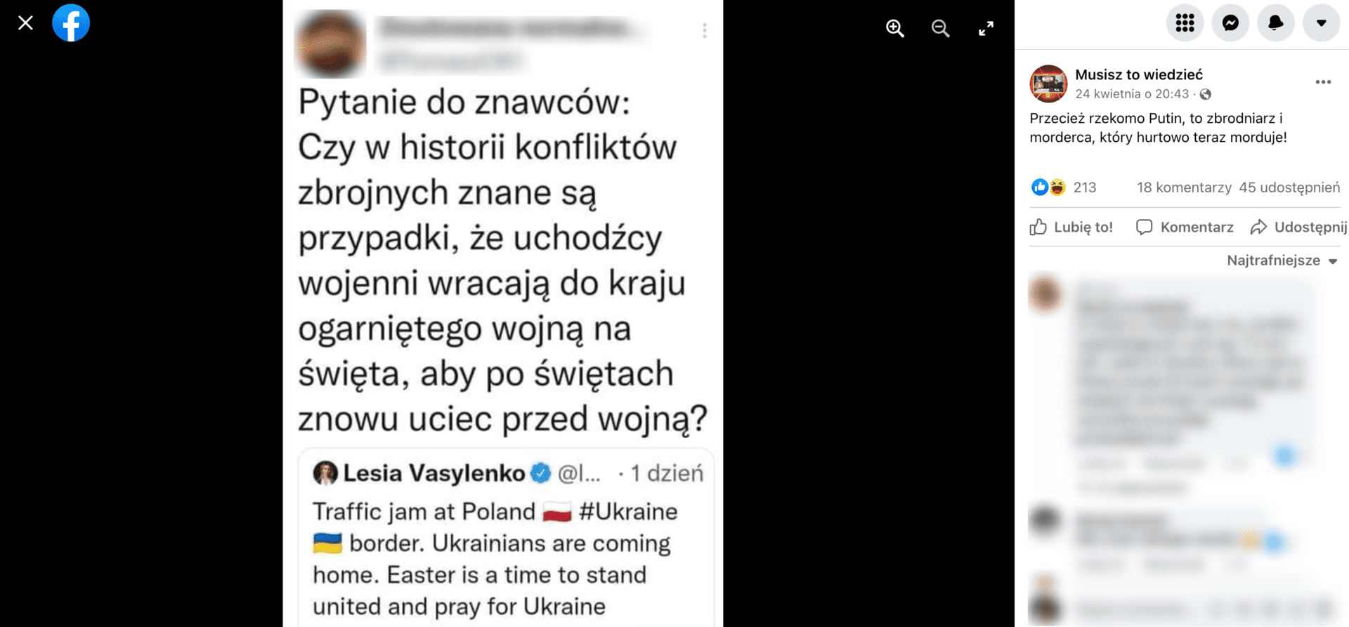 Zrzut ekranu z posta na Facebooku, w którym stwierdzono, że Ukraińcy wracają do domów na święta, aby następnie znów przyjechać do Polski. Wpis zdobył ponad 200 reakcji i ponad 40 udostępnień.