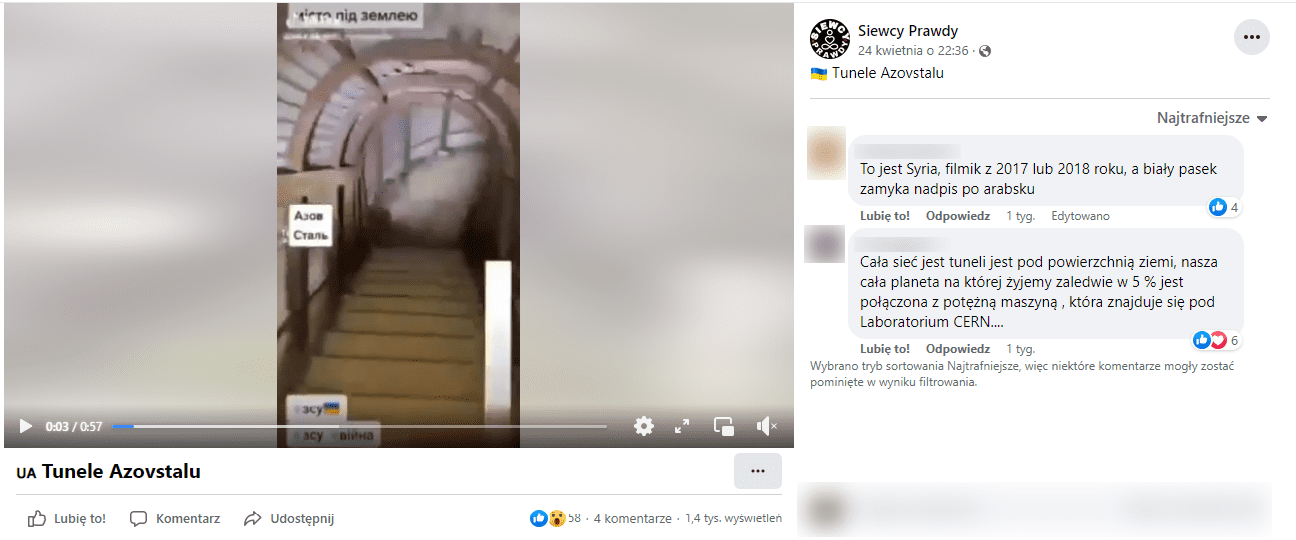 Zrzut ekranu posta na Facebooku, w którym udostępniono film. W kadrze widzimy schody prowadzące przez tunel.