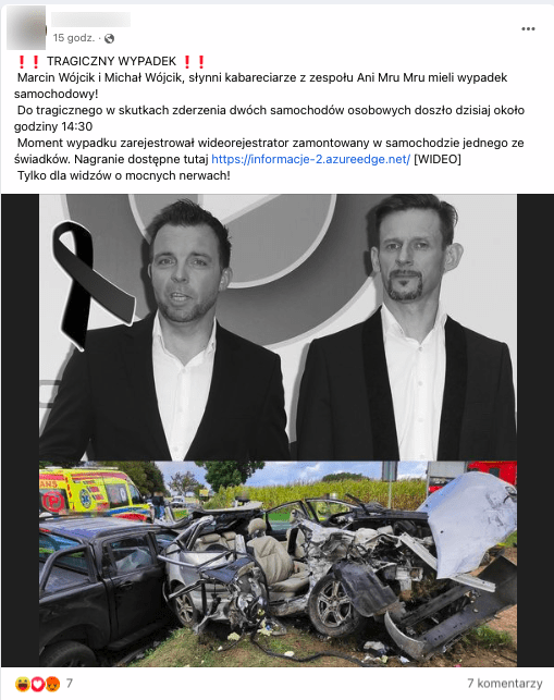 Wpis na Facebooku zawierający informacje o śmierci członków Kabaretu Ani Mru Mru. W poście zawarte są dwie fotografie. Jedna to czarno-białe zdjęcie, na którym widać obydwu mężczyzn ubranych w garnitury. Druga z kolei to zdjęcie wraku z wypadku samochodowego.