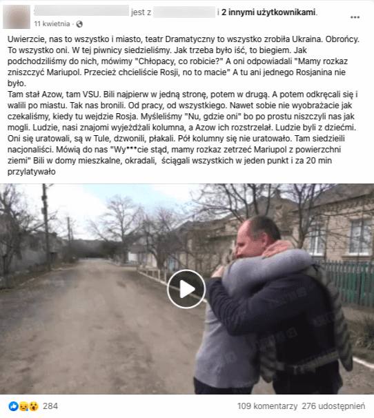 Wpis na Facebooku zawierający informacje o atakowaniu Mariupola przez Ukraińców. Kadr z nagrania przedstawia przytulających się ludzi na tle budynków jednorodzinnych 