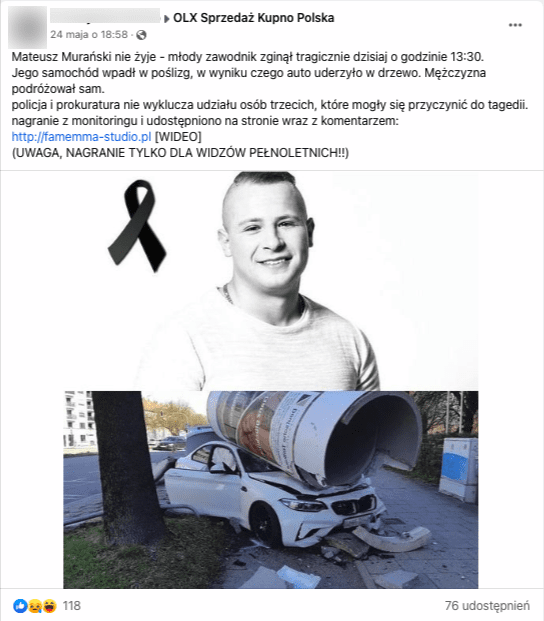 Post na Facebooku zawierający informację o śmierci Mateusza Murańskiego. Wpis zawiera dwa zdjęcia. Jedno przedstawiające Mateusza Murańskiego. Fotografia jest czarno-biała z czarną wstążką w rogu, sugerująca żałobę po aktorze. Drugie przedstawia rozgnieciony przez betonową konstrukcję biały samochód osobowy.