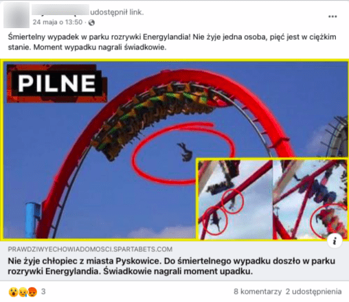 Wpis na Facebooku zawierający informacje o śmierci jednego z gości Energylandii. W poście załączona jest fotografia przedstawiająca kolejkę górską wraz z wypadającym pasażerem dodatkowo oznaczonym czerwonym okręgiem w celu zwrócenia uwagi.