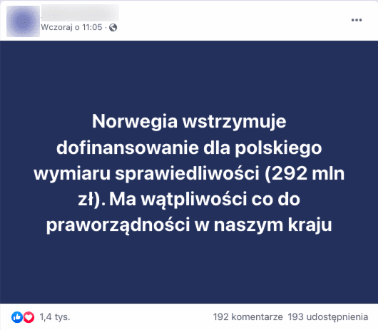 Wpis na Facebooku dotyczący wstrzymania dofinansowania dla polskiego wymiaru sprawiedliwości