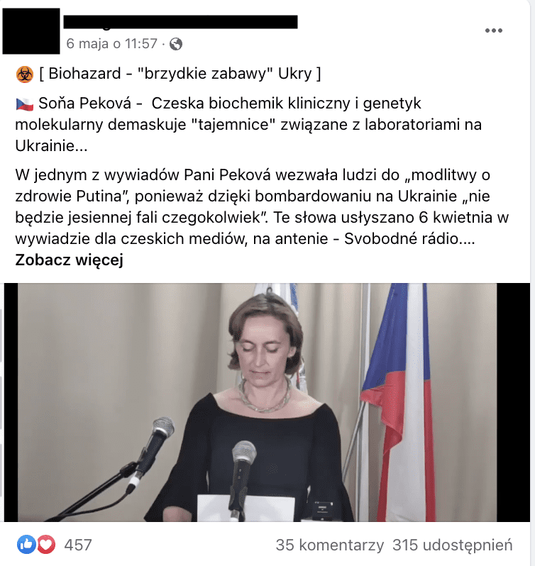 Zrzut ekranu z Facebook. Do posta dołączono zdjęcie, na którym widzimy kobietą na tle czeskiej flagi.