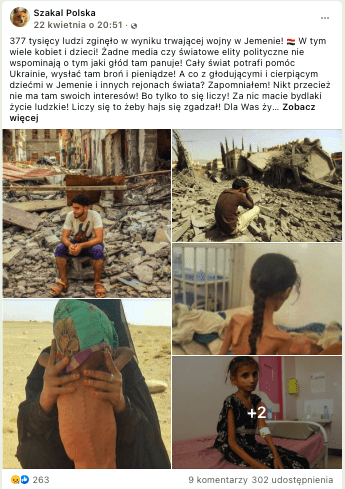 Wpis na Facebooku opisujący trudną sytuację w Jemenie w kontekście wojny w Ukrainie. Załączone zdjęcia przedstawiają ofiary katastrofy humanitarnej w Jemenie: mężczyzn siedzących wśród rumowisk oraz zagłodzone dzieci